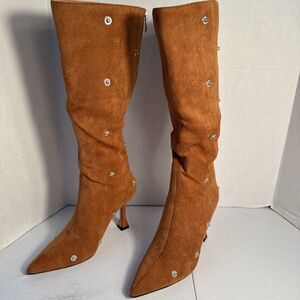 Women’s Knee High Stiletto Boots Size 6 Pointed Toe High Heels Wide Calf Brown